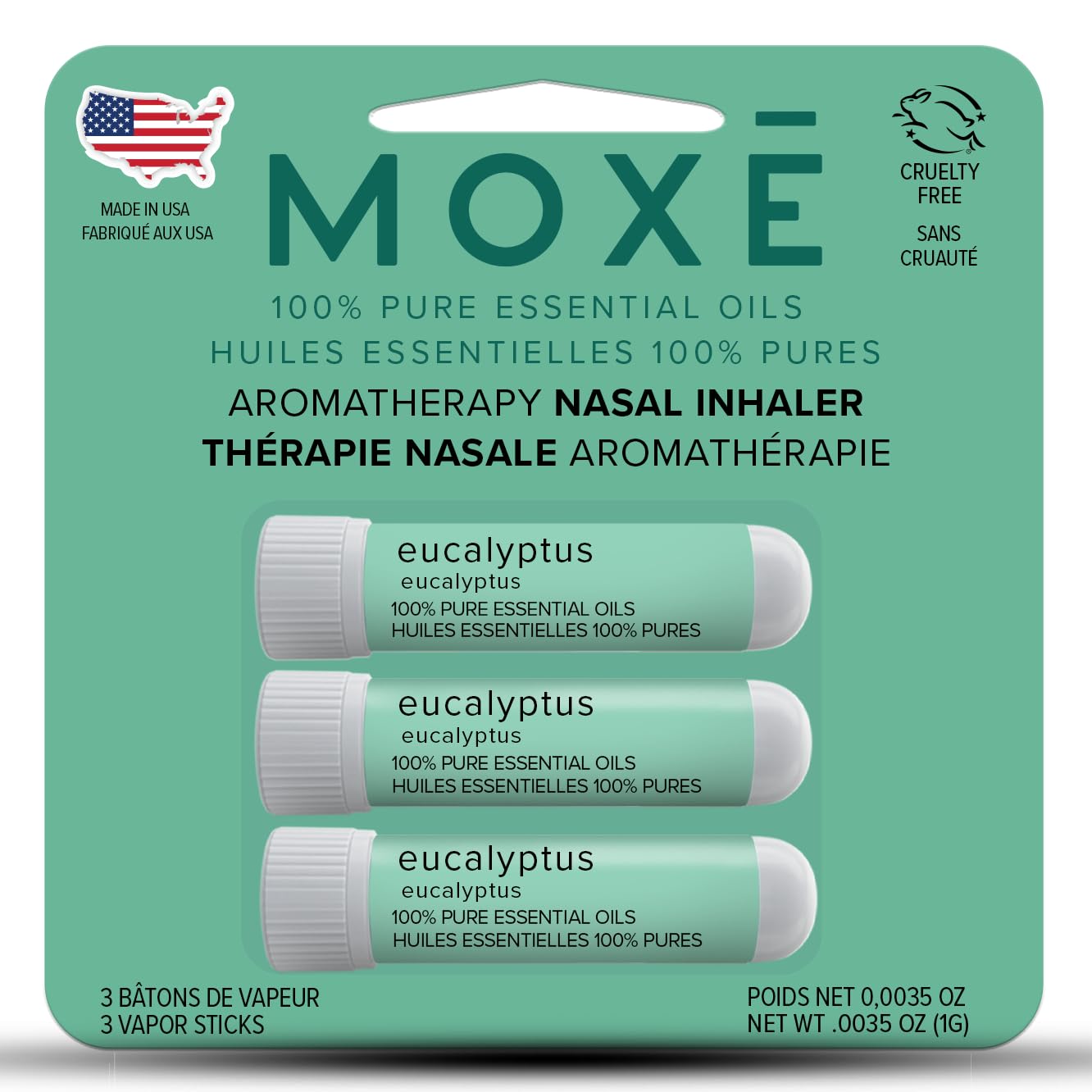 MOXĒ Eucalyptus Essential Oil Nasal Inhaler, Sinus & Congestion Relief, Daily Relaxation, Stress Relief, Therapeutic No-Mess Aromatherapy, Pure and Natural, Made in USA (3 Pack) packaging may vary
