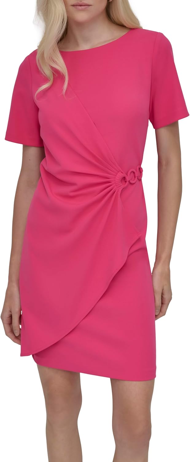 DKNY Womens Short Sleeve Jewel Neck Sheath Mini Dress
