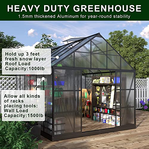 AMERLIFE 12x10x10FT Polycarbonate Greenhouse 2 Sliding Doors 4 Vents Walk-in Premium Professional Greenhouse Storage Shed Sunroom Aluminum Large Hot House for Outdoor Garden Backyard Matte Black - Image 3