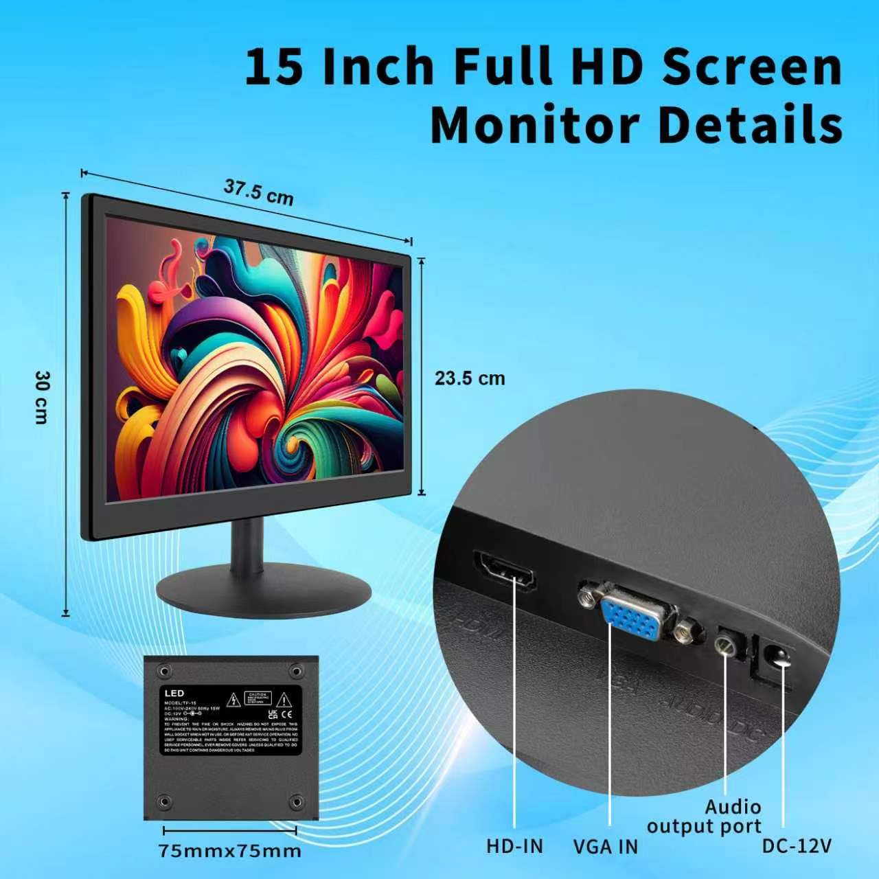 KCR Monitor LED FHD 15", 1920 x 1200 IPS IPS z wejściem HDMI i VGA, wbudowanymi głośnikami, częstotliwością odświeżania 60 Hz