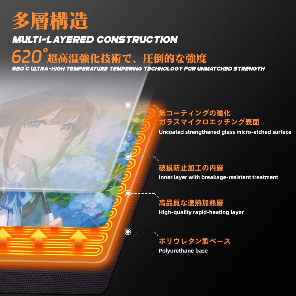 TALONGAMES Tappetino per mouse da gioco in vetro riscaldato, grande 490 x 420 mm, in vetro temperato, per eSport, controllo della temperatura a 4 livelli, riscaldamento rapido, caldo e resistente al