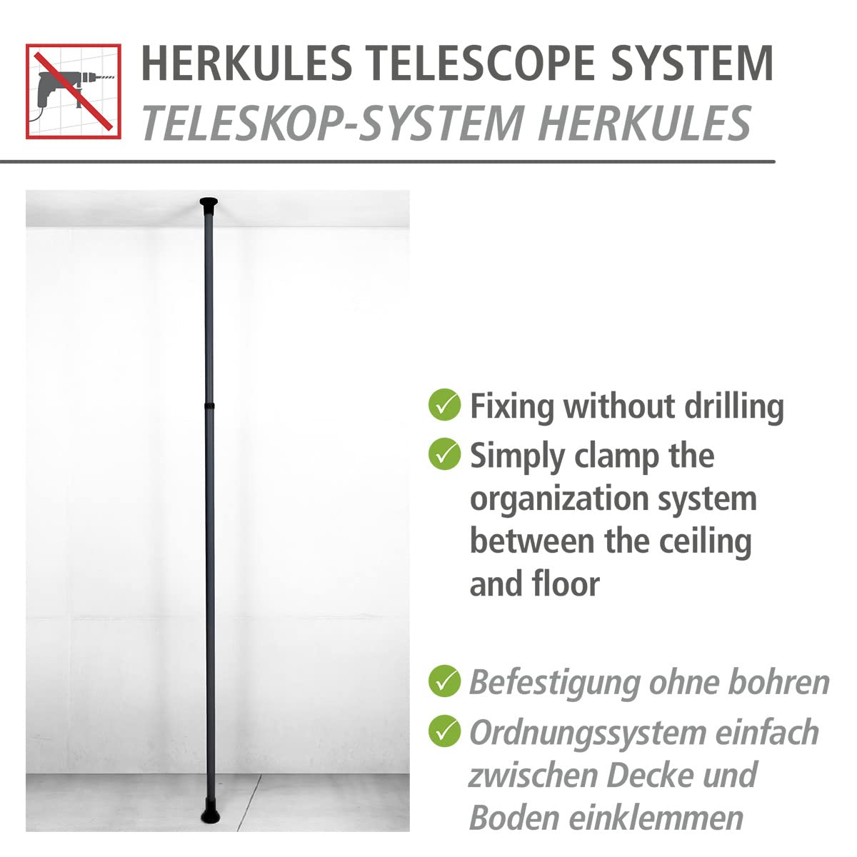 WENKO Herkules main bar for walk-in wardrobes, to extend the matching telescopic system made of metal, with anti-slip feet - Image 3