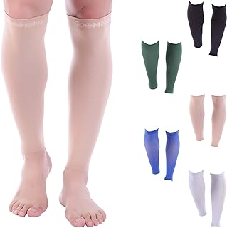 Doc Miller Calf Compression Sleeve Men - 30-40 mmHg, Medical Grade Calf Sleeves for Men and Women Supports Shin Splints, and Varicose Veins Recovery - 1 Pair Large Size - Beige Calf Sleeve