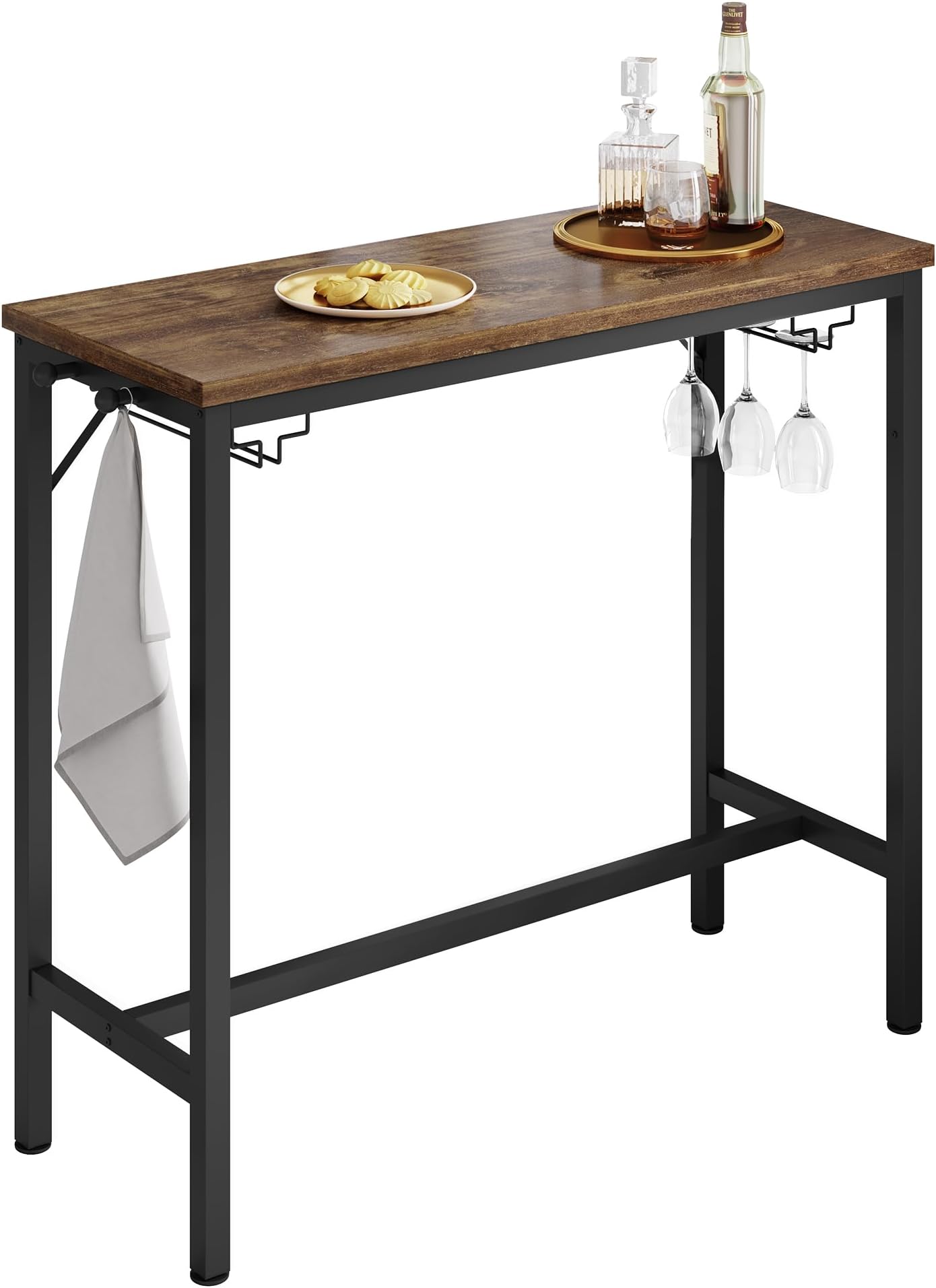 EUGAD Bar Table, Industrial Breakfast Table with Glass Holders and Hooks, with Black Steel Frame, Narrow, for Dining, Work, Study, Vintage Wood Effect, 0033BAZ