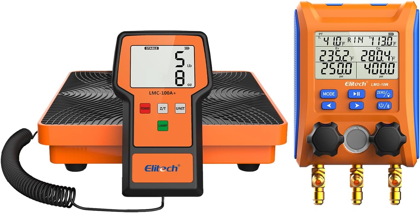 Elitech LMC-100A+ 220Lbs Refrigerant Scale with Case and Wireless Digital Manifold Gauge Set LMG-10W with Hoses