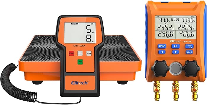 Elitech LMC-100A+ 220Lbs Refrigerant Scale with Case and Wireless Digital Manifold Gauge Set LMG-10W with Hoses