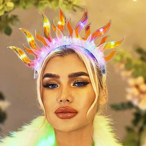 Miniatura 2 de Zoestar Diadema de llama iluminada, bandas para el cabello con luces LED de fuego, disfraz de club nocturno, accesorio para el cabello para mujeres