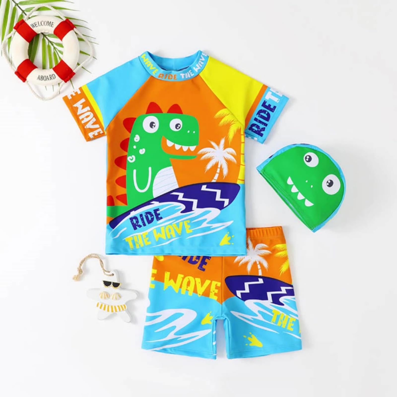 Generisch 2025 - Traje de baño infantil para niños Conjunto de natación de 3 piezas para niños Camiseta de natación de manga corta Bañador Rashguard Trajes de baño 11 años