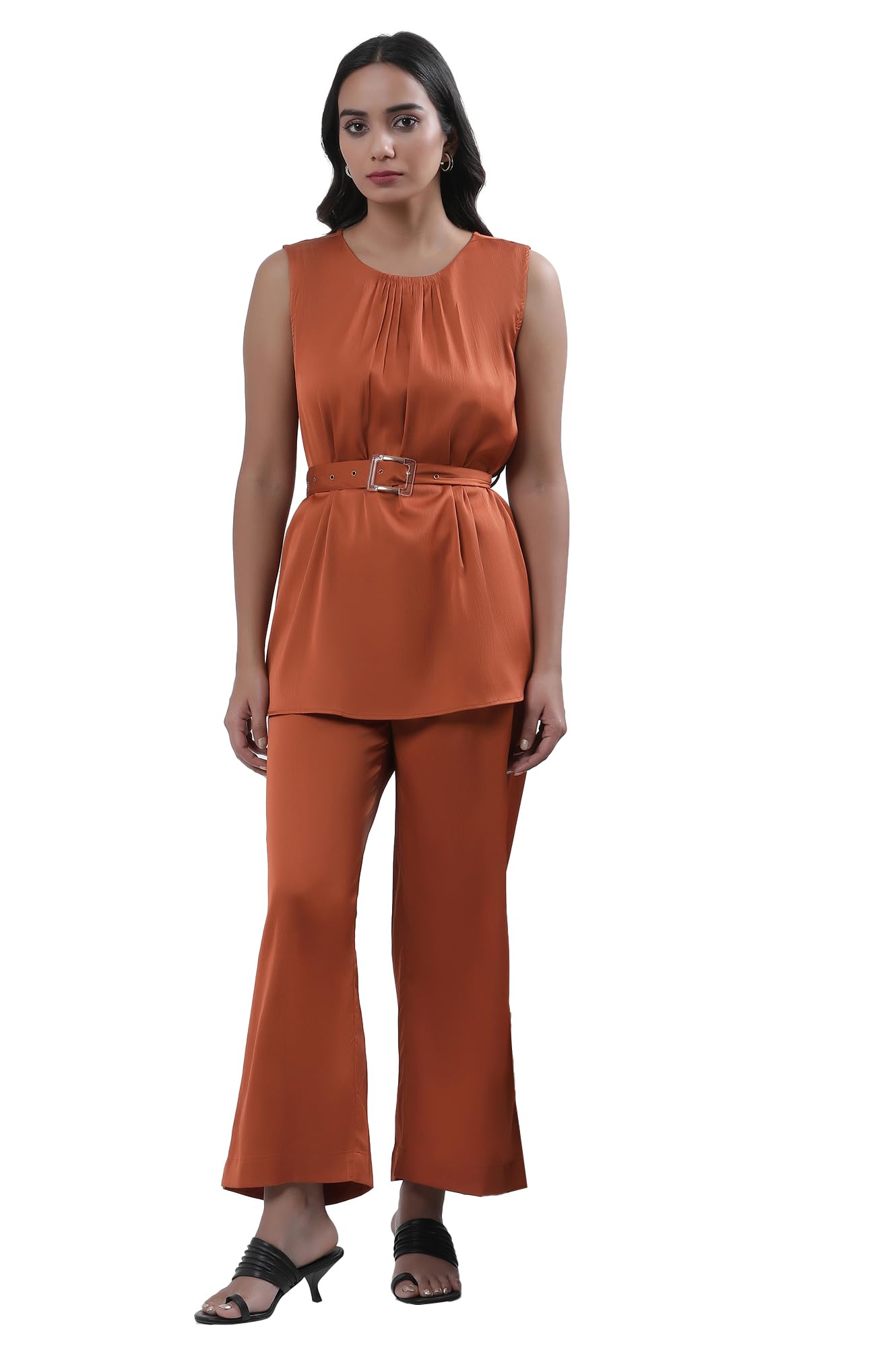 w for woman Orange Satin Sleeveless Top with Belt and Pants Set-picture-27