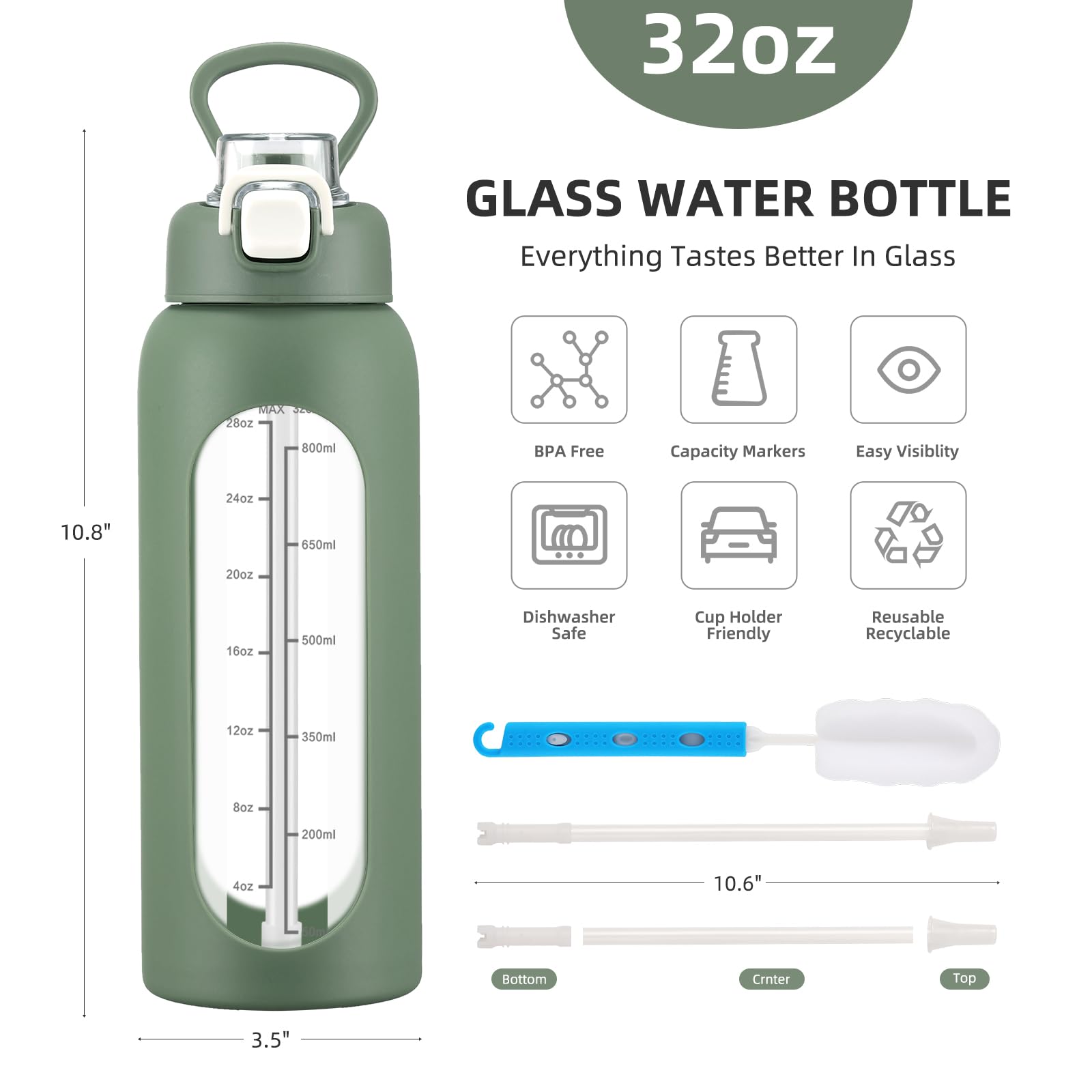 chunmo Glas-Wasserflaschen mit Strohhalm, große motivierende Wasserflasche mit Zeitmarkierung, Sport-Wasserflaschen mit Silikonhülle und Griffdeckel, Wasserkrug für Fitnessstudio, Workout, 900 ml