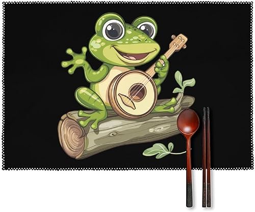 Frog Playing Banjo On Log Placemats Set of 6 Resistant Table Mats Washable Place Mats for Dinner Party Table Decoration