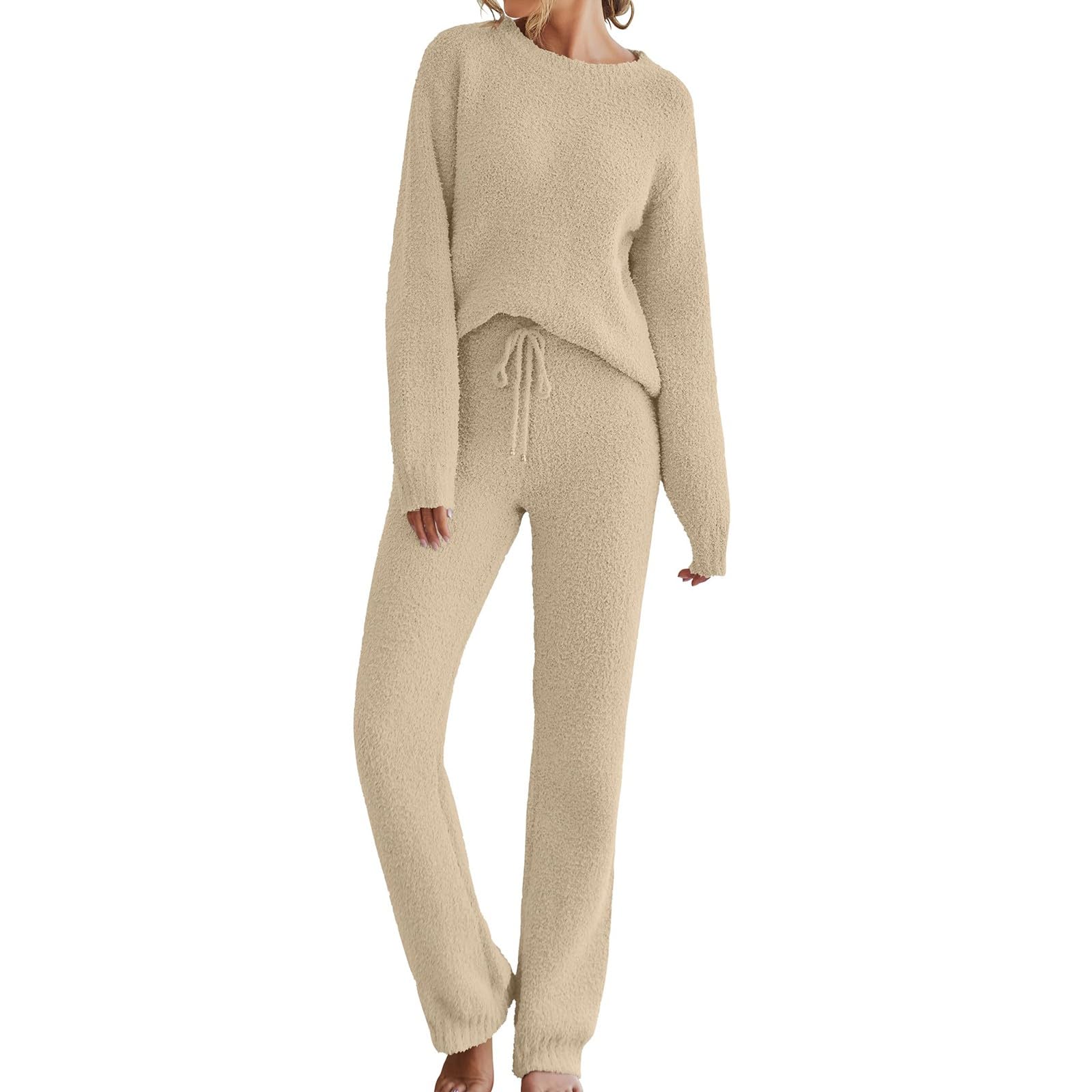 Pijama de forro polar de talla grande para mujer, conjunto de ropa de descanso de dos piezas para mujer, pijama suave y esponjoso, manga larga, casual, cuello redondo, ropa de dormir con bolsillos