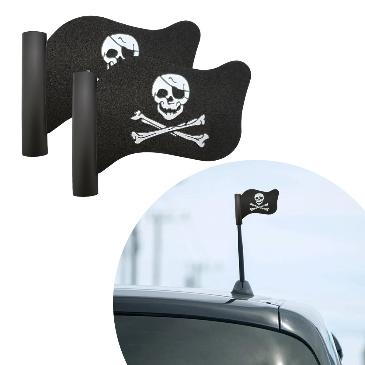 KVAEY 2 PCS Pirate Flag Car Antenna Topper, Automotive Pirate Flag Shaped Antenna Topper, Antenna Topper with Cool Skull Crossbones for Car Truck SUV, Universal Car Accessories