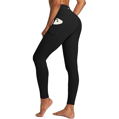IUGA Compression Leggings with Pockets for Women Tummy Control Leggings No Front Seam Workout High Waist Yoga Pants Midnight Black