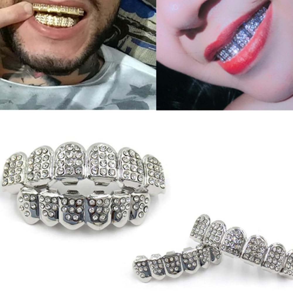 Hip-hop Teeth,1 Set Teeth Grills,Hip Hop Teeth Grills,Argent Plated Tooth,Braces Top and Bottom Grill Cap Shiny Tooth,for Men's and Women's Parties,Proms,Halloween Role Plays - Image 3