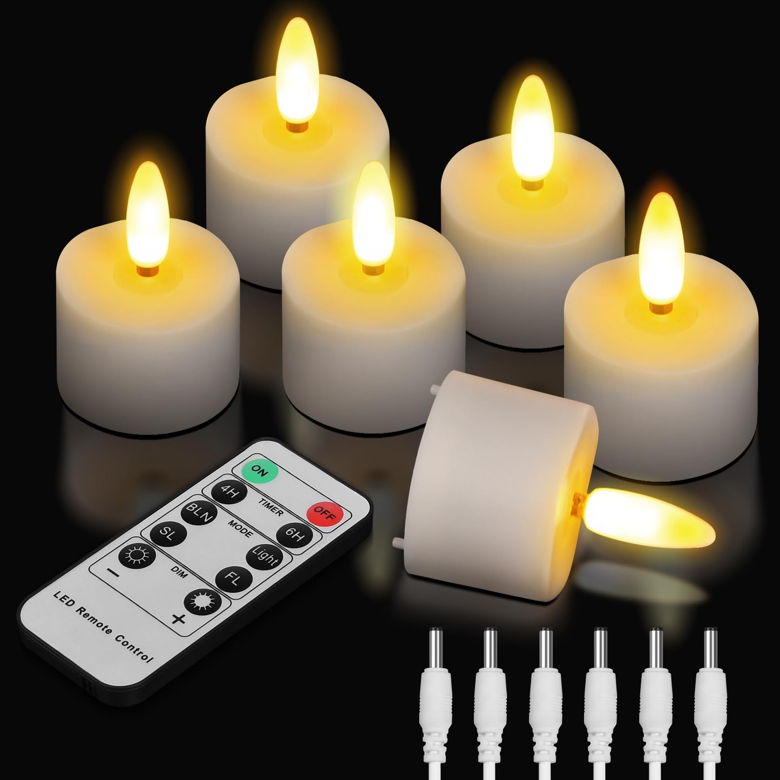 TechKen 6 Stück Wiederaufladbare LED Teelichter Kerzen mit Fernbedienung 4H/6H Timerfunktion,Dimmbare Elektrische LED Teelicht Aufladbar Flackernde Flammenlose Kerzen für Weihnachten,Halloweeny Beleuchtung