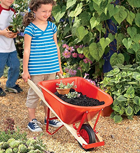 Kid's Garden Wheelbarrow - Yard Tools for Children - Red with Wood Handles, Steel Braces, Solid Tire - 33 L x 17 W x 15.75 H