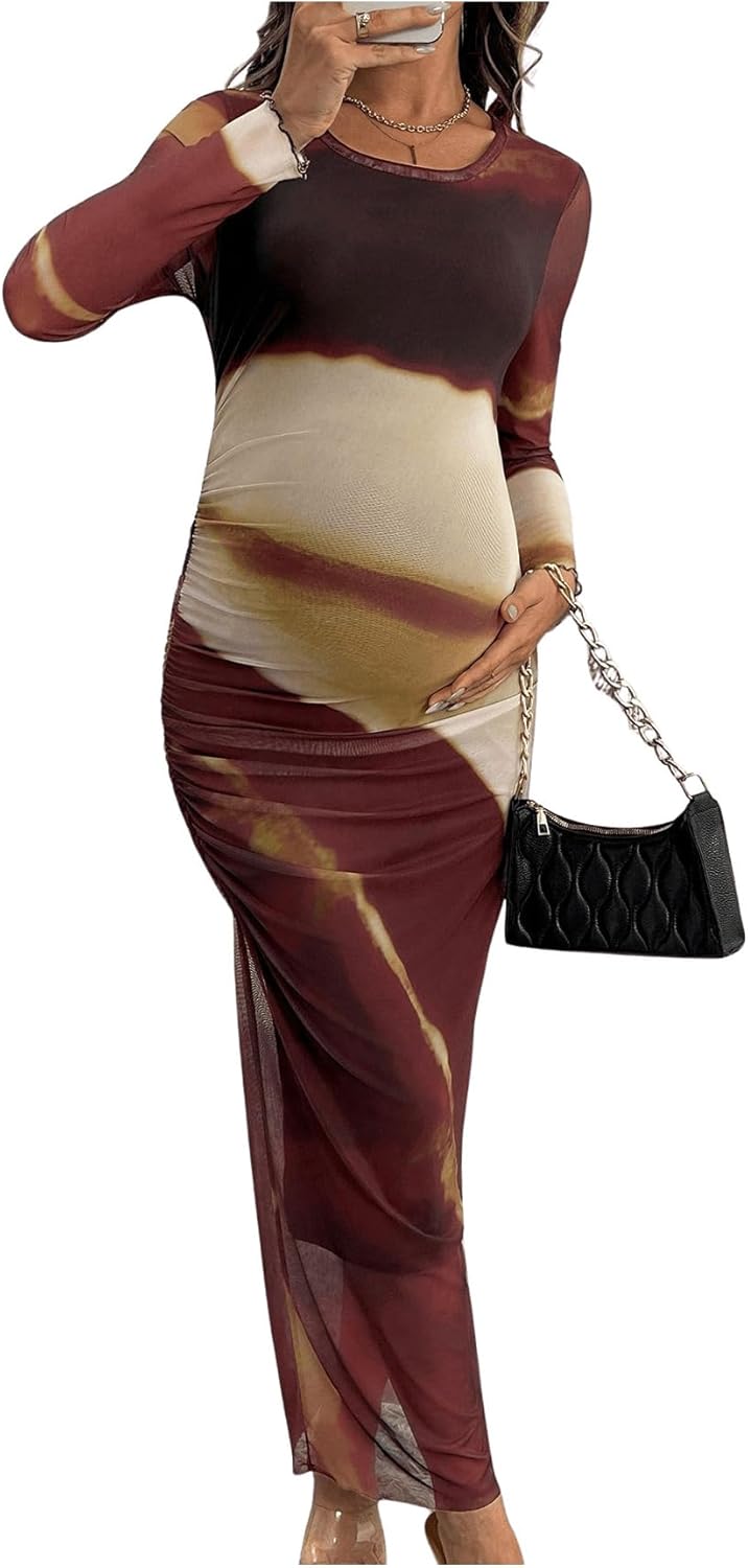 MakeMeChic Women's Fall Maternity Dress Long Sleeve Tie Dye Mesh Ruched Bodycon Maxi Cocktail Dress
