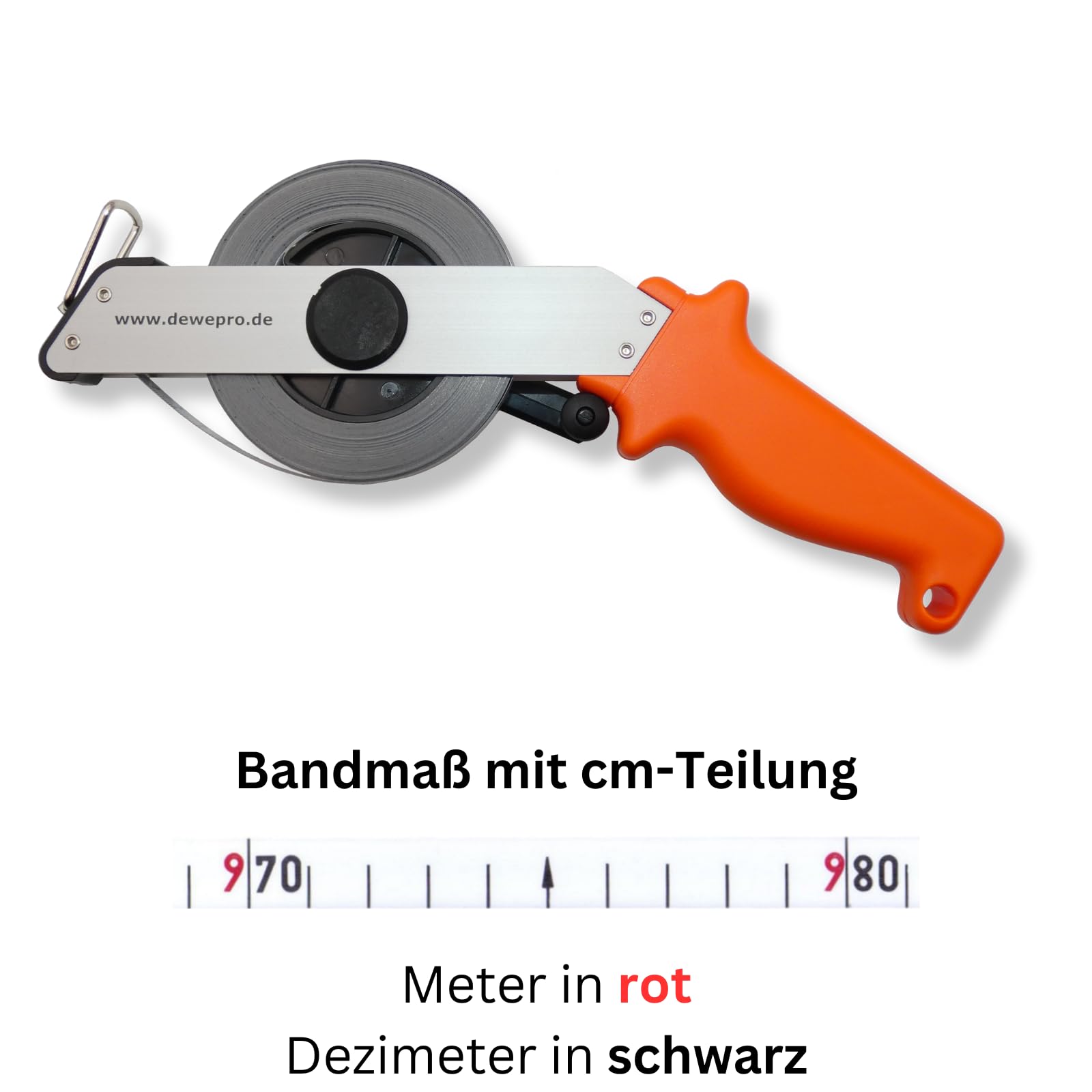 Richter Stahlbandmaß Bandmaß 13mm breit mit Leichtmetallrahmen - Länge: 100m - Maßanfang "A" - weiß lackiert mit cm-Teilung - Stahlbandmaß 412W-SR100-A, im Set inkl. 1 St. DEWEPRO® Zollstock 2m