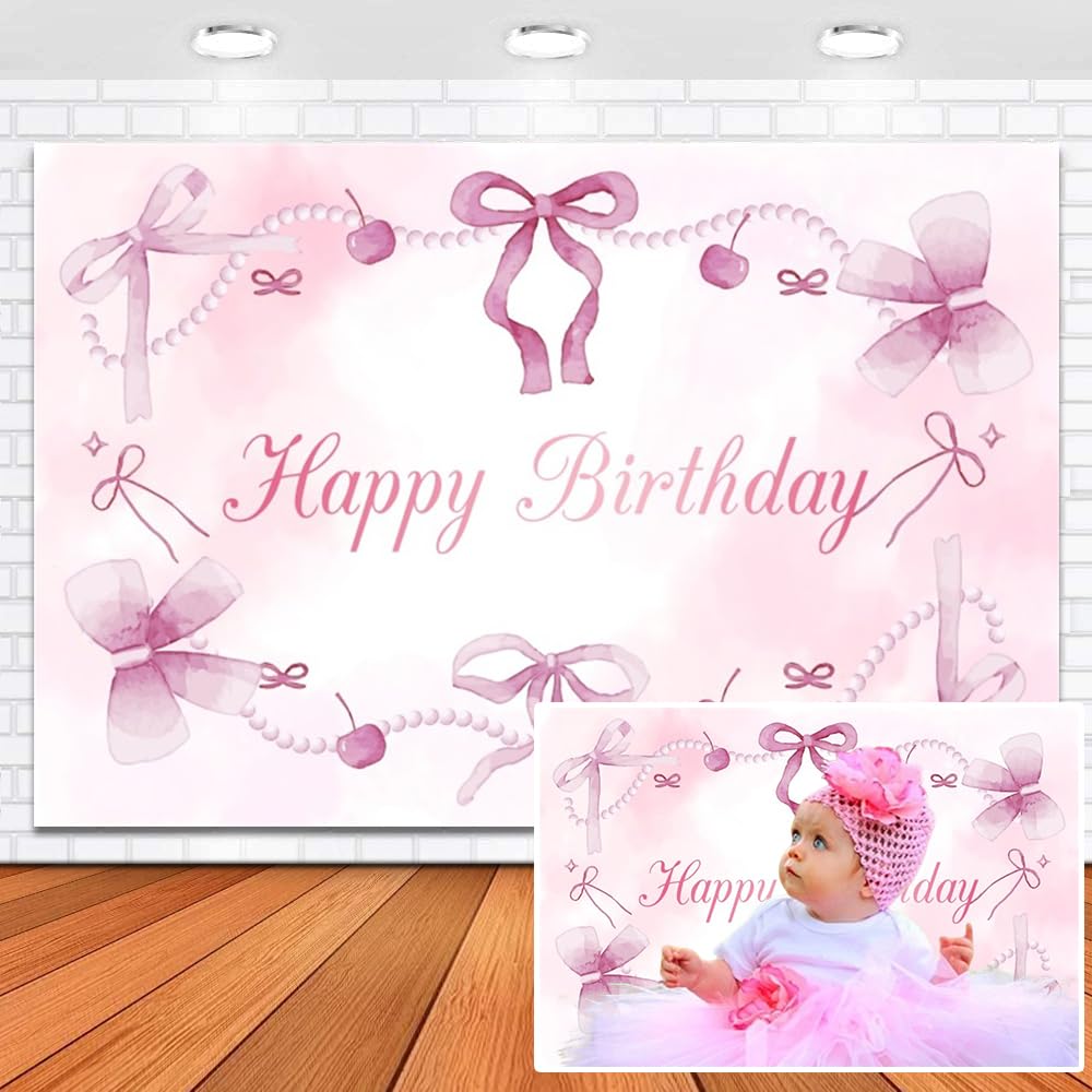 Leowefowa Pink Birthday Backdrop 10x8ft Bow Ribbon Pearl Cherry Sweet Girls Party Decorations Background Happy Birthday Banner Decorations Princess