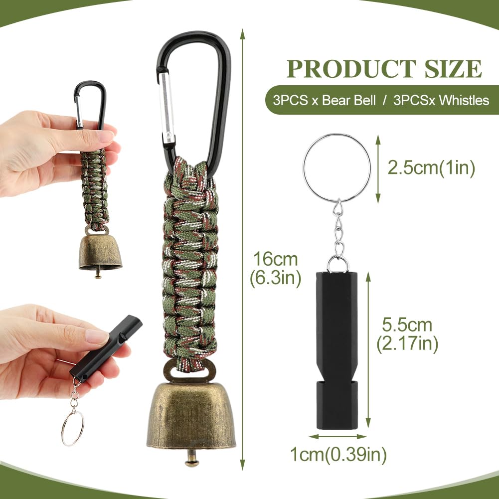 Ranjaner 3pcs Bear Bell with 3pcs Whistle Aluminum Bear Bells for Hiking and Emergency Whistle for Hiking, Biking, Fishing, Climbing, Outdoor Camping and Hiking Protection(Size:6 PCS)
