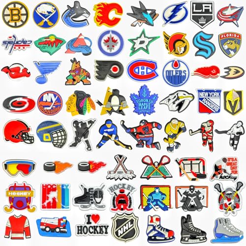 60pcs Hockey Shoe Charms, Hockey Teams Shoe Accessories, Assorted Non-Repeating Ice Hockey Sports Shoe Charms, PVC Sports Shoe Charms, For Girls Boys Teenagers Birthday Party Gifts