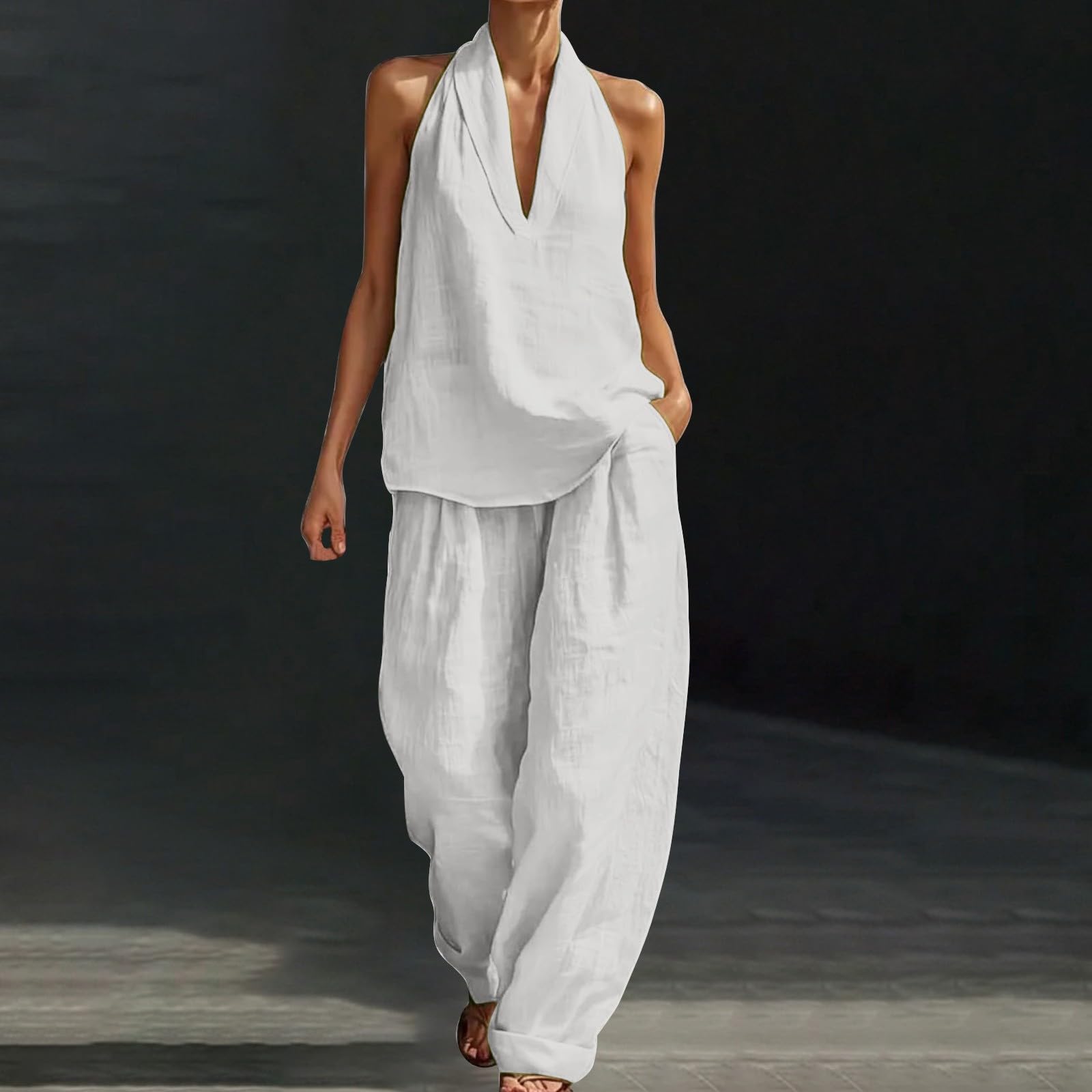 Générique Ensemble Femmes Lin et Coton 2 Pièces Chic Col en V Col Rabattu sans Manches Ensemble Haut et Wide Leg Pants Été Élégant Couleur Unie Loungewear