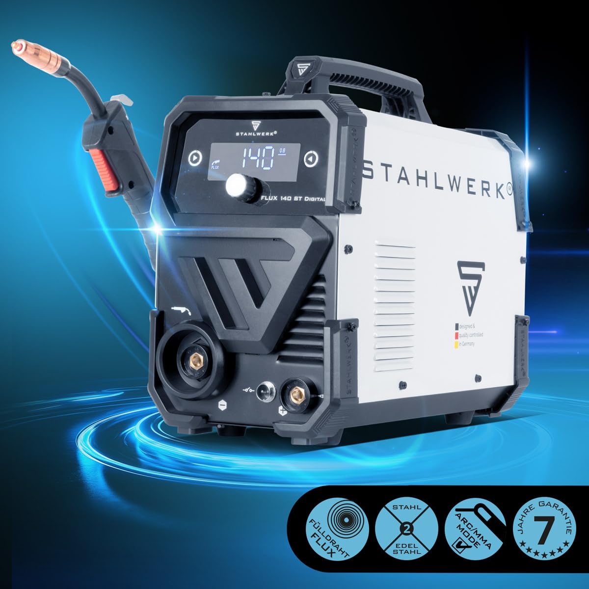 STAHLWERK Schweißgerät FLUX 140 ST Digital – Fülldrahtschweißen ohne Schutzgas bis 140 A, kompakt, synergischer Drahtvorschub, integriertes LED-Licht, Lift-TIG- & MMA-Funktion (E-Hand/ARC), IGBT