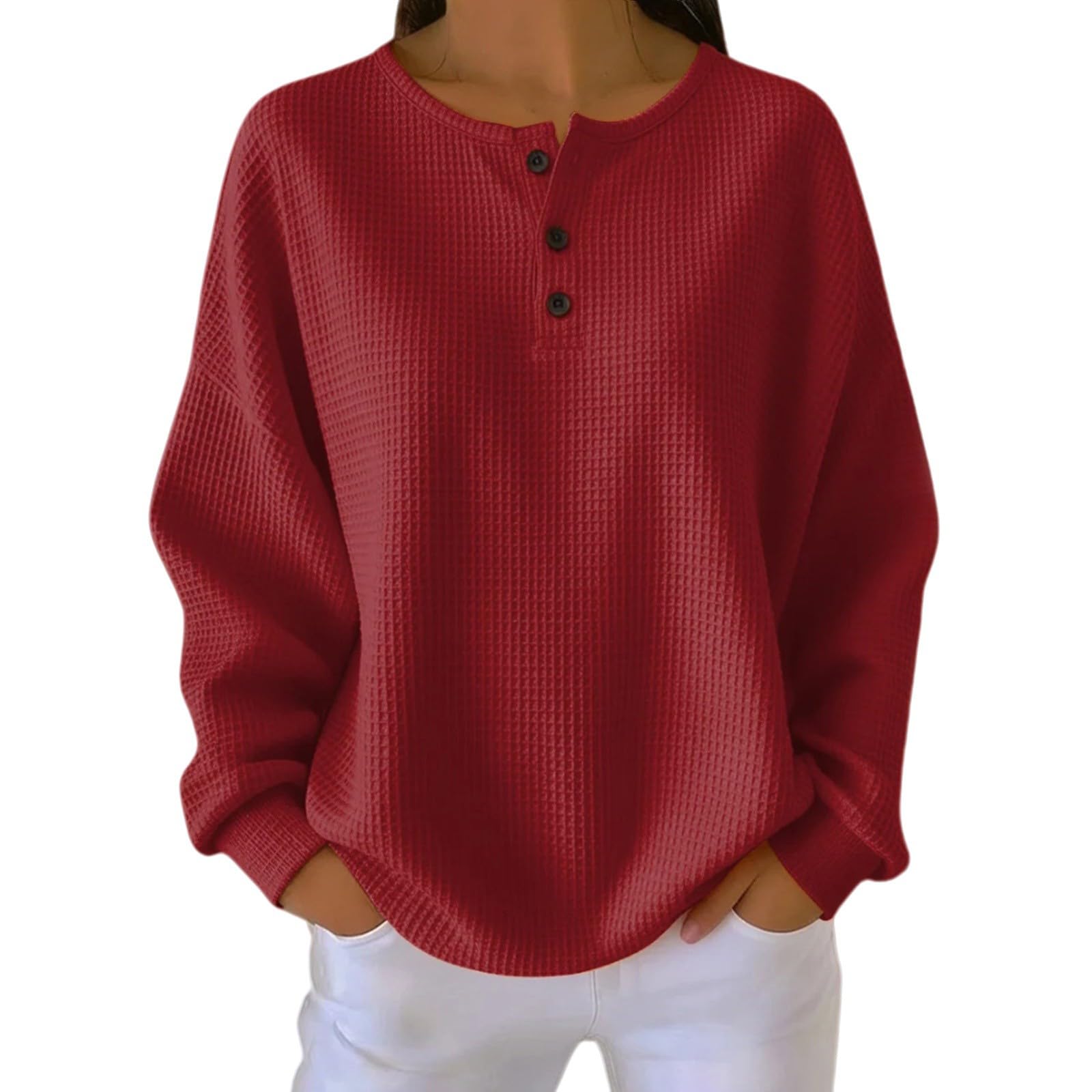 Womens Waffle Knit Tops Textured Crewneck Button Long Sleeve Plain Henley Sweatshirts Fashion Dressy Casual Blouses