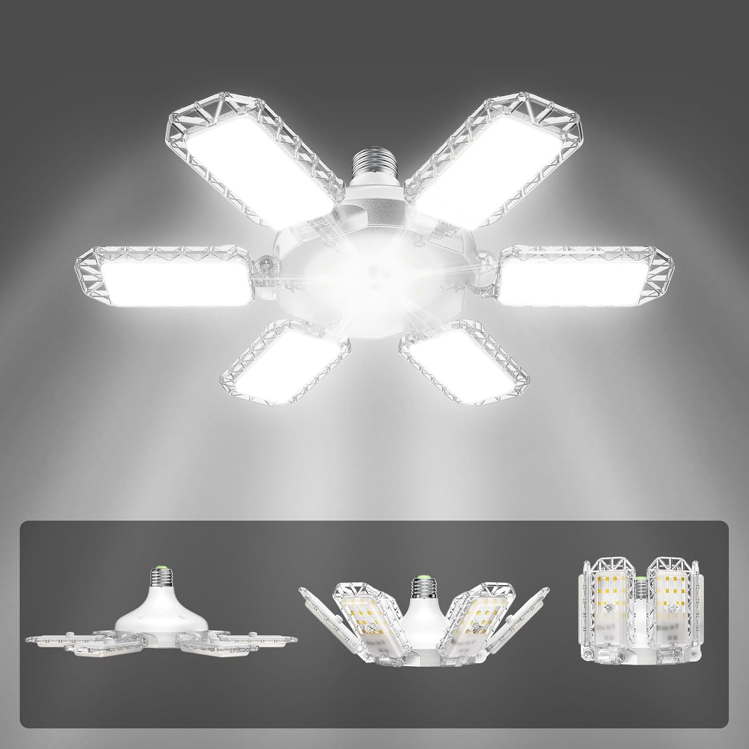 SANSI Garage Lights, 600W Equiv.Garage Lighting Ceiling LED，60W Super Bright Shop Light for Workshop, E26 5000K Daylight Screw in Bulbs with 6+1 Adjustable Panels, ETL Certified for Storage Room