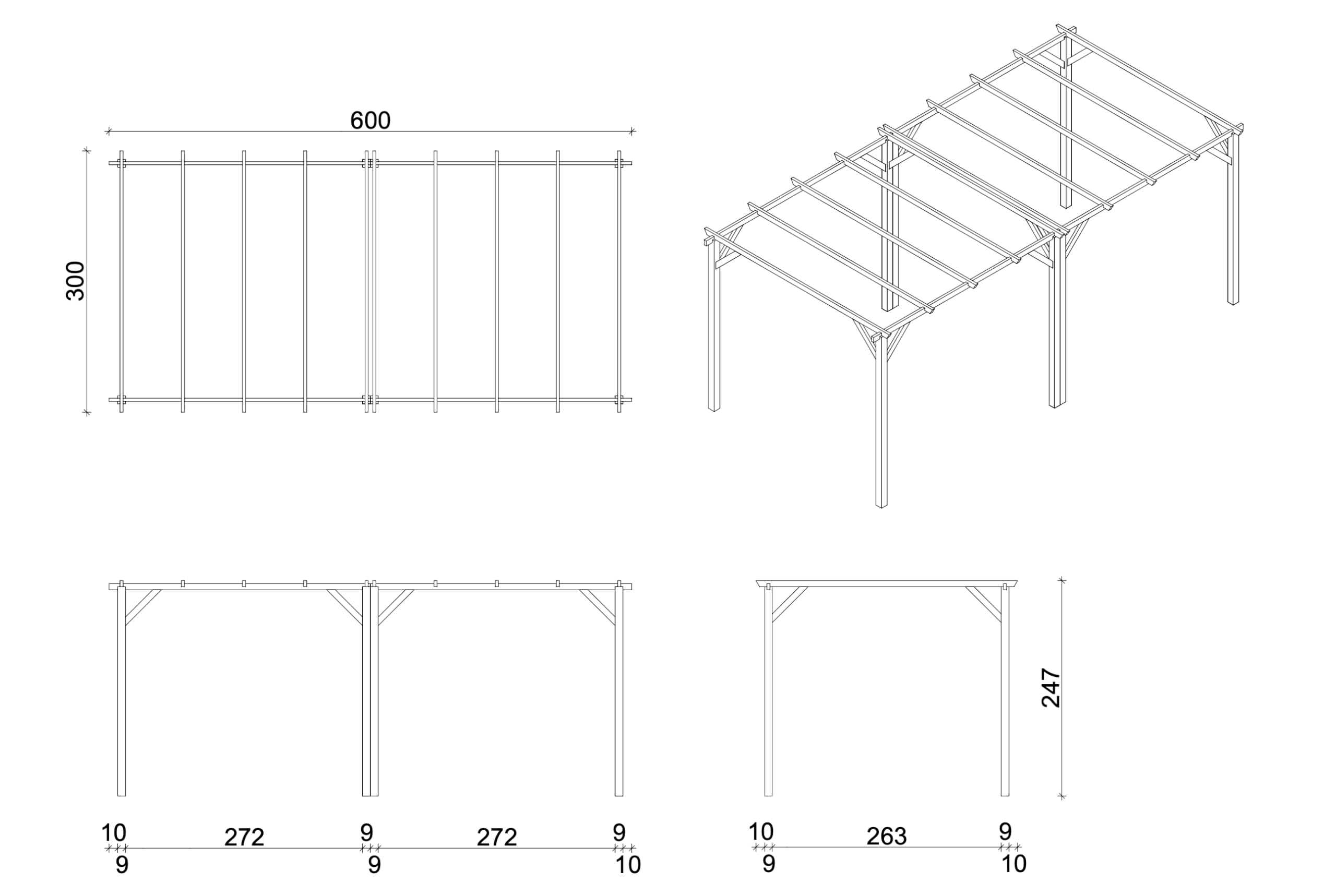 Pergola in legno da giardino Lumina 3×6 m, pino massello impregnato in autoclave, con kit montaggio, Made in Italy