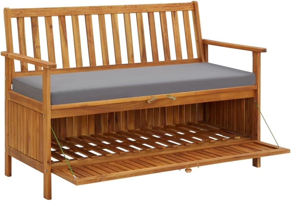 FAMIROSA Wooden Outdoor Storage Bench Acacia Wood Garden Deck Box Storage Container Cabinet with Cushion Seat and Backrest Patio Chair Pool Yard Furniture Decor 47.2" x 24.8" x 33.1" (W x D x H)