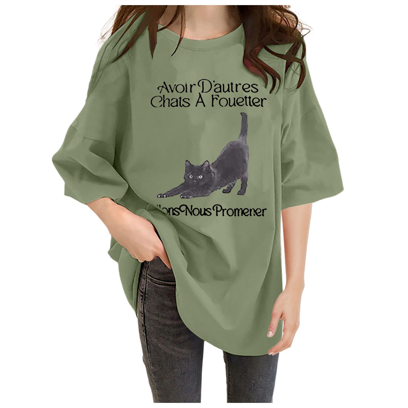 レディース tシャツ 半袖 可愛い 猫柄 cnvcinty シャツ 半袖 夏 ゆったり 無地 5分袖 薄手 おしゃれ オフィス 大きいサイズ トップス ふんわり さらさら 体型カバー 半袖tシャツ 日常着 普段着 通勤 通学 部屋着