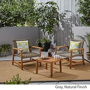GDFStudioOutdoor 3 Piece Wood and Wicker Club Chairs and Side Table Set Gray