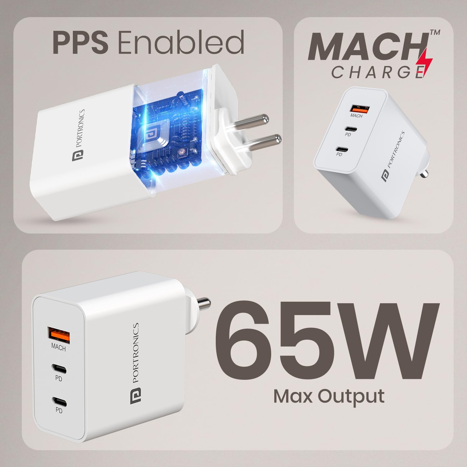 Portronics Adapto 65B 65W Triple Port Fast Charger, 2 Type C PD Ports, 1 USB-A Port, PPS Technology, for Laptops, Smartphones, Tablets, MacBook, iPad (White) — Amazon image 4