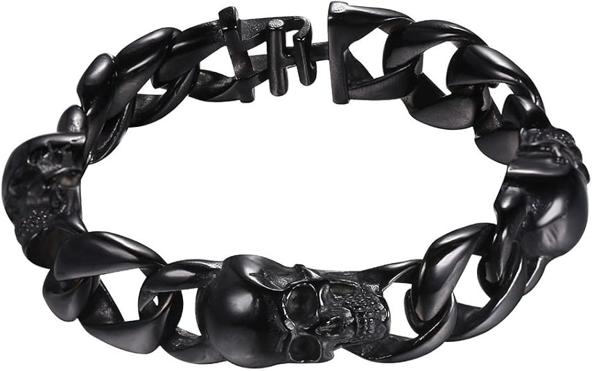 U7 Gothic Skull Bracelets for Men Women, Stainless Steel/18K Gold Plated/Silver Black Punk Skeleton Head Chain Bracelet Party Accessories for Rapper Biker