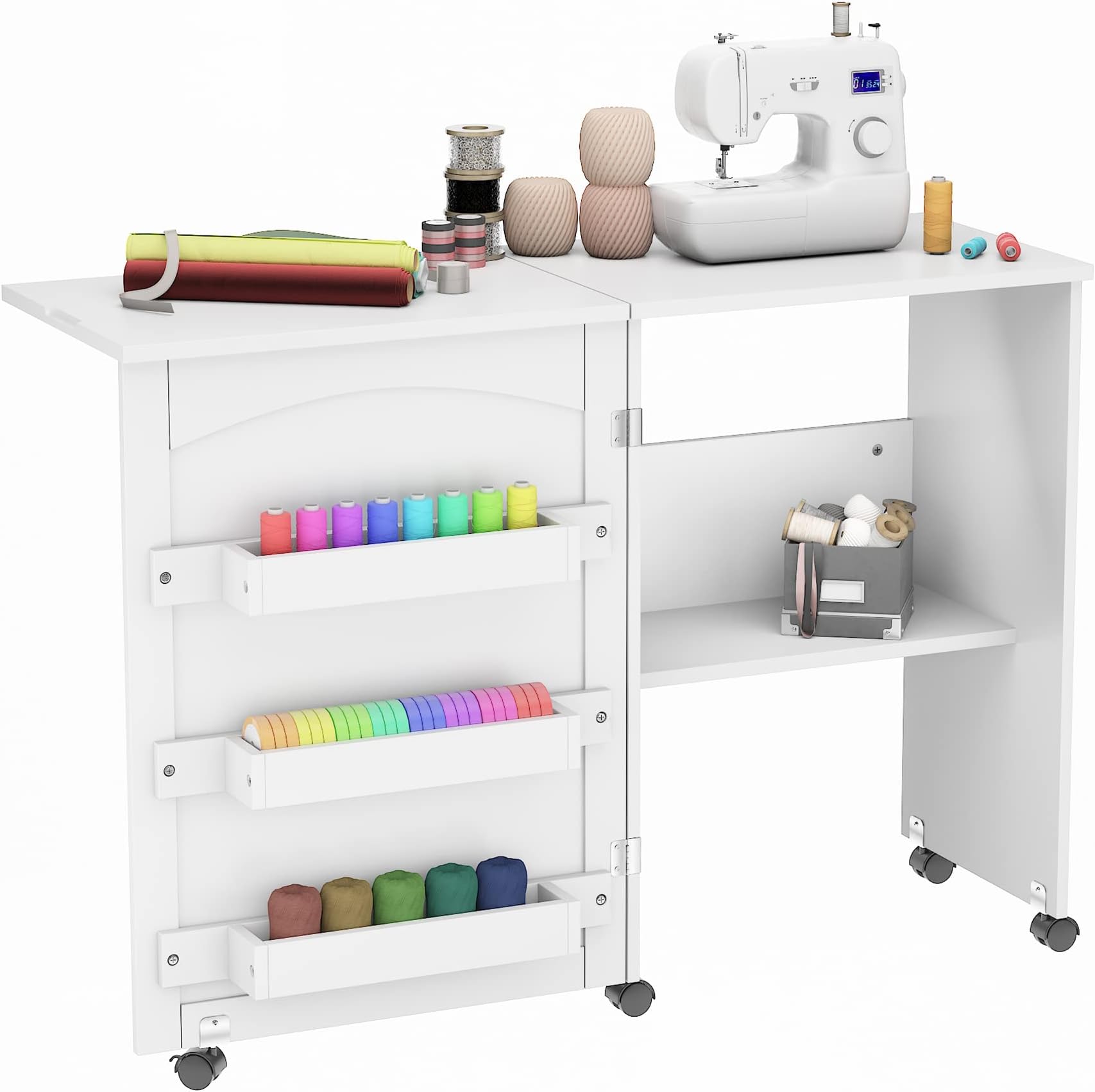 JAXPETY Folding Sewing Table, Versatile Sewing Craft Cart with Storage Cabinet Shelves and Lockable Casters, Adjustable Sewing Cabinet for Apartment Small Spaces, White