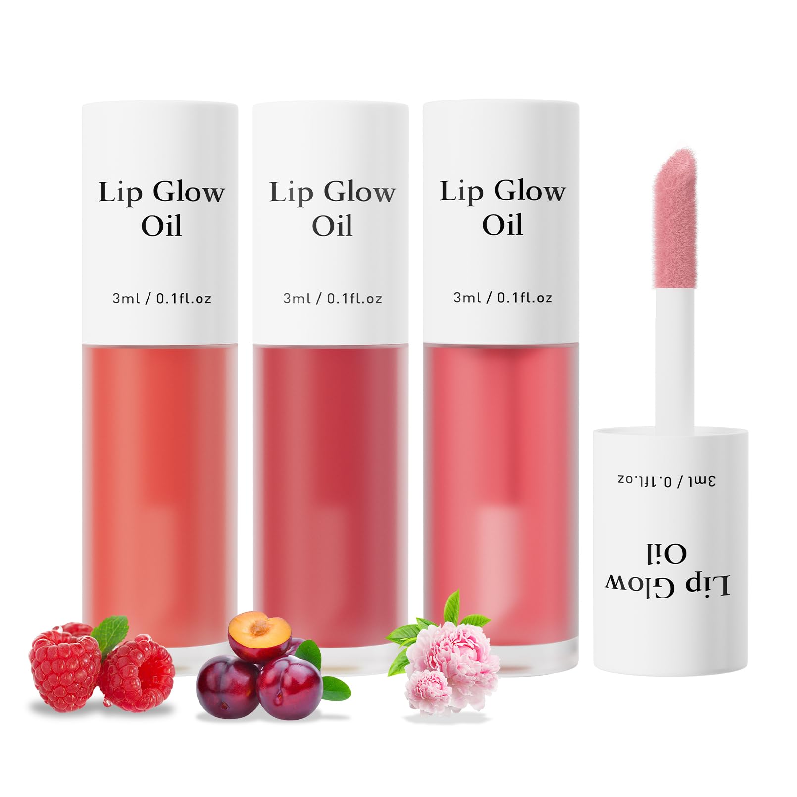 Hydrating Glossy Lip Tint Trio with Nourishing Fruit Oils, Non-Sticky Shine, Long-Lasting Moisture & Tinted Glow for Smooth Kissable Lips (Raspberry, Cherry & Peony)