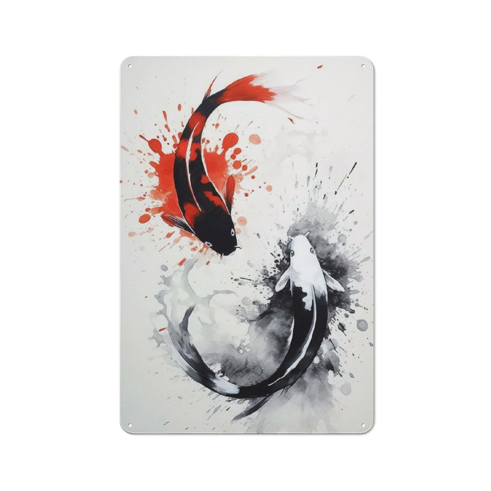 Tin Wall Plaque 30x20cm with Japanese Koi Fish Ink Wash for Home Office Or Studio, for Home Office Decor Fans