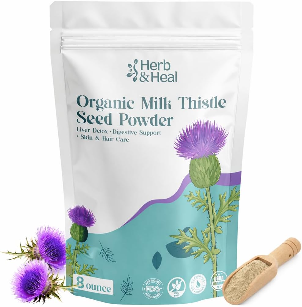 Herb & Heal Organic Milk Thistle Powder | Liver & Digestive Support Herb | Ground Milk Thistle Seeds for Tea, Hair & Skincare DIY Remedies | Non-GMO, Vegan (8 Ounce)
