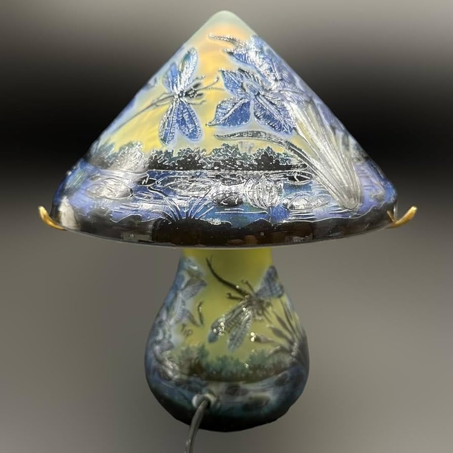 エミールガレ 2灯蜻蛉文台座真鍮カメオ彫り被せガラス高さ25cm