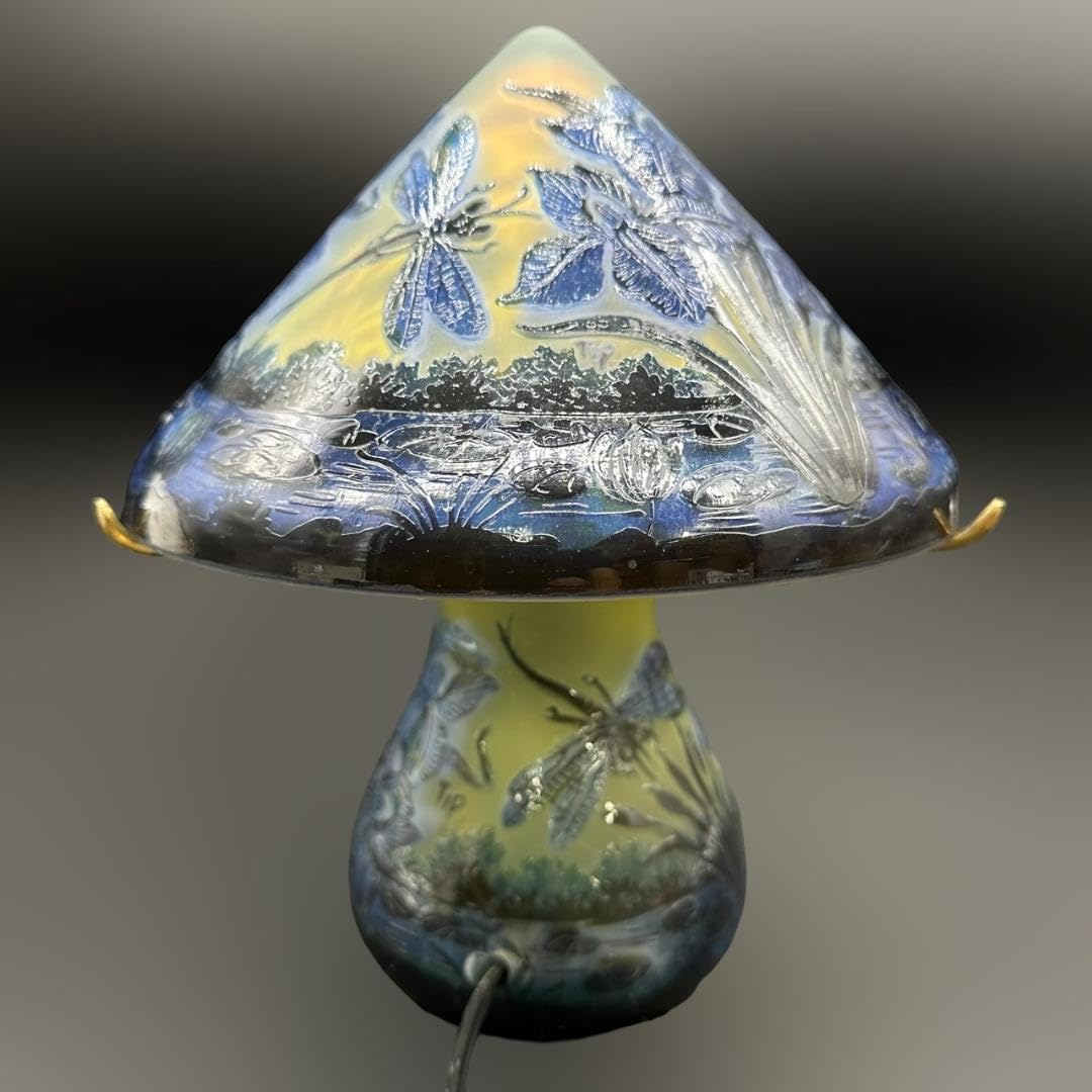 エミールガレ 2灯　山景文　台座真鍮　カメオ彫り　被せガラス　高さ32cm エミールガレ 2灯山景文台座真鍮カメオ彫り被せガラス高さ32cm