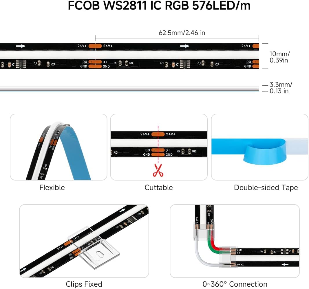 SEZO RGB Smart IC COB LED Strip Lights WS2811 IC Addressable RGB FCOB LED Light 24FT/7.5M 630LEDs/M Chasing Color High Density 24V CRI 90+ IP30 for Indoor DIY Decoration (Not Included SPI Controller)
