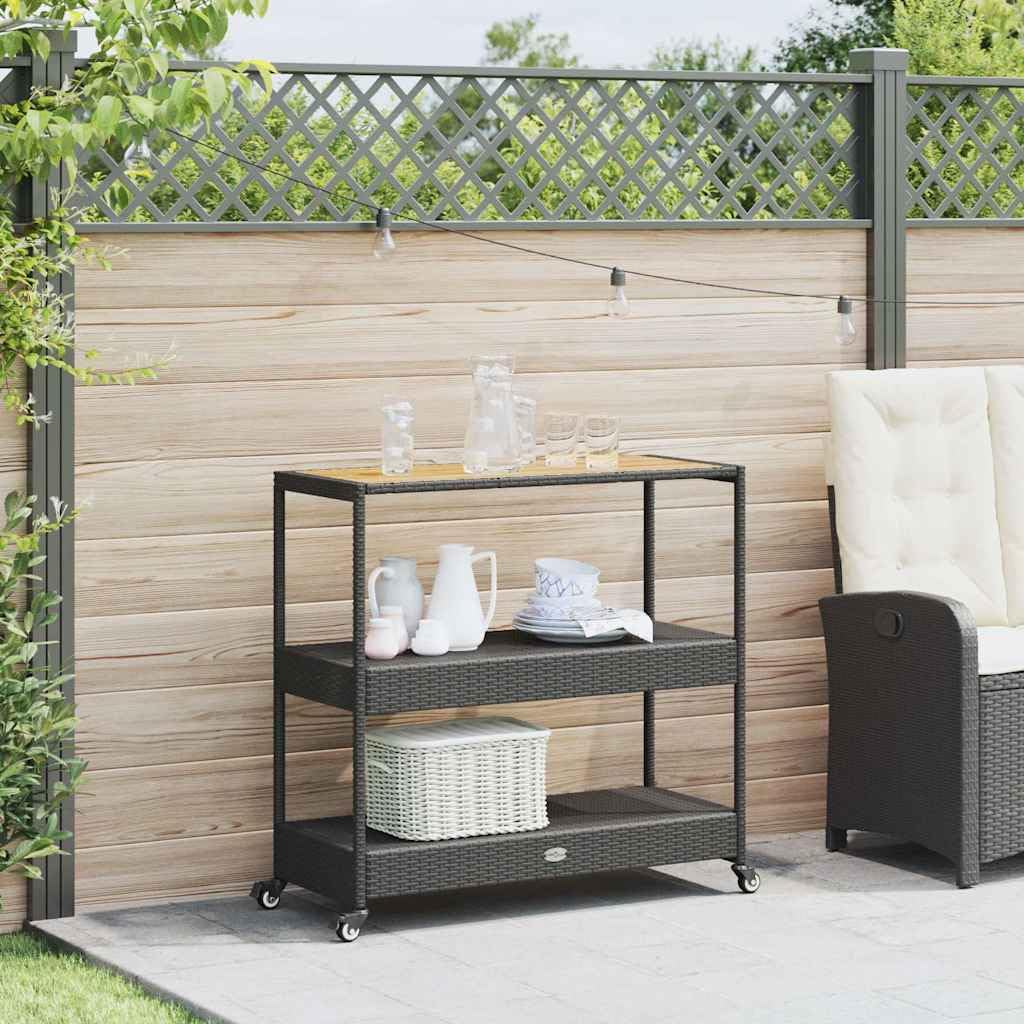 Carrello da portata con ruote e 3 ripiani in polyrattan e legno di acacia, come carrello da bar e carrello per bevande per interni ed esterni