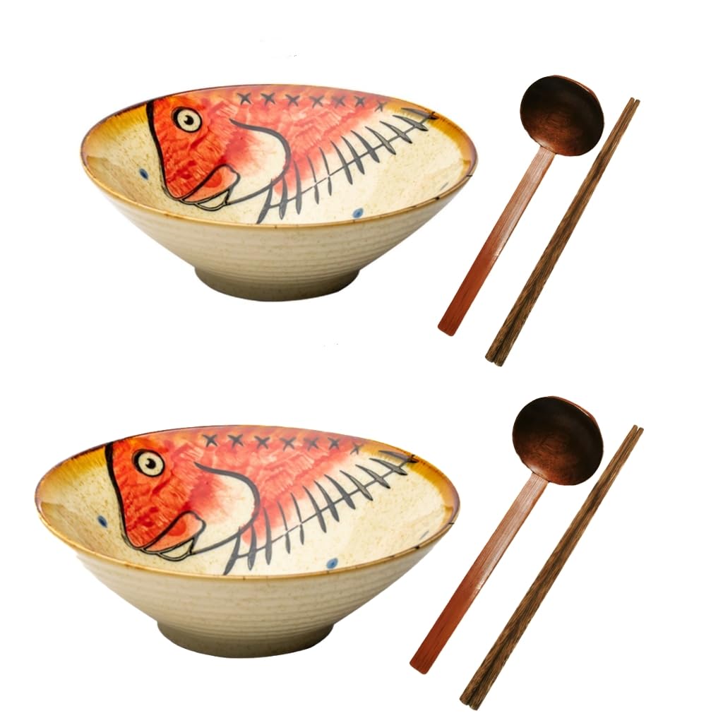 Tazón japonés de cerámica para ramen, fideos para sopa, Pho Udon, Soba, ensalada, aperitivos, cereales, platos con cucharas, palillos, juego de regalo de 900 ml (pescado rojo)