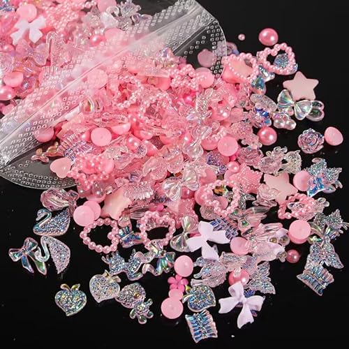 ネイルパーツ 約400個セット 3D立体 リボン 星 ハート 花 可愛い ジェルネイル レジン用 ジュエリーパーツ ネイルアート ハンドメイド デコパーツ ランダム形(PINK)