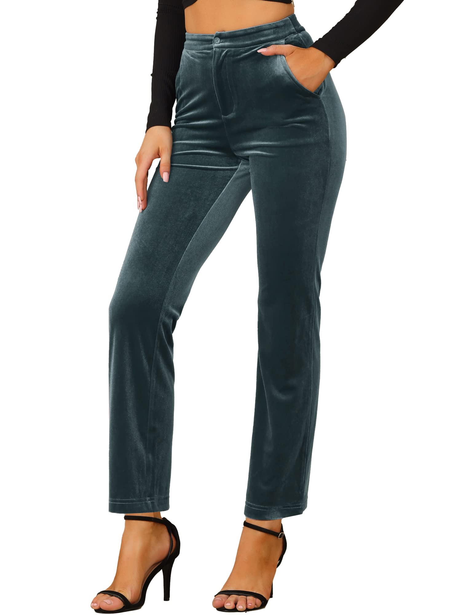 Allegra K Velvet Elegant High Waist Trousers for Womens Pockets Work Ankle Pants