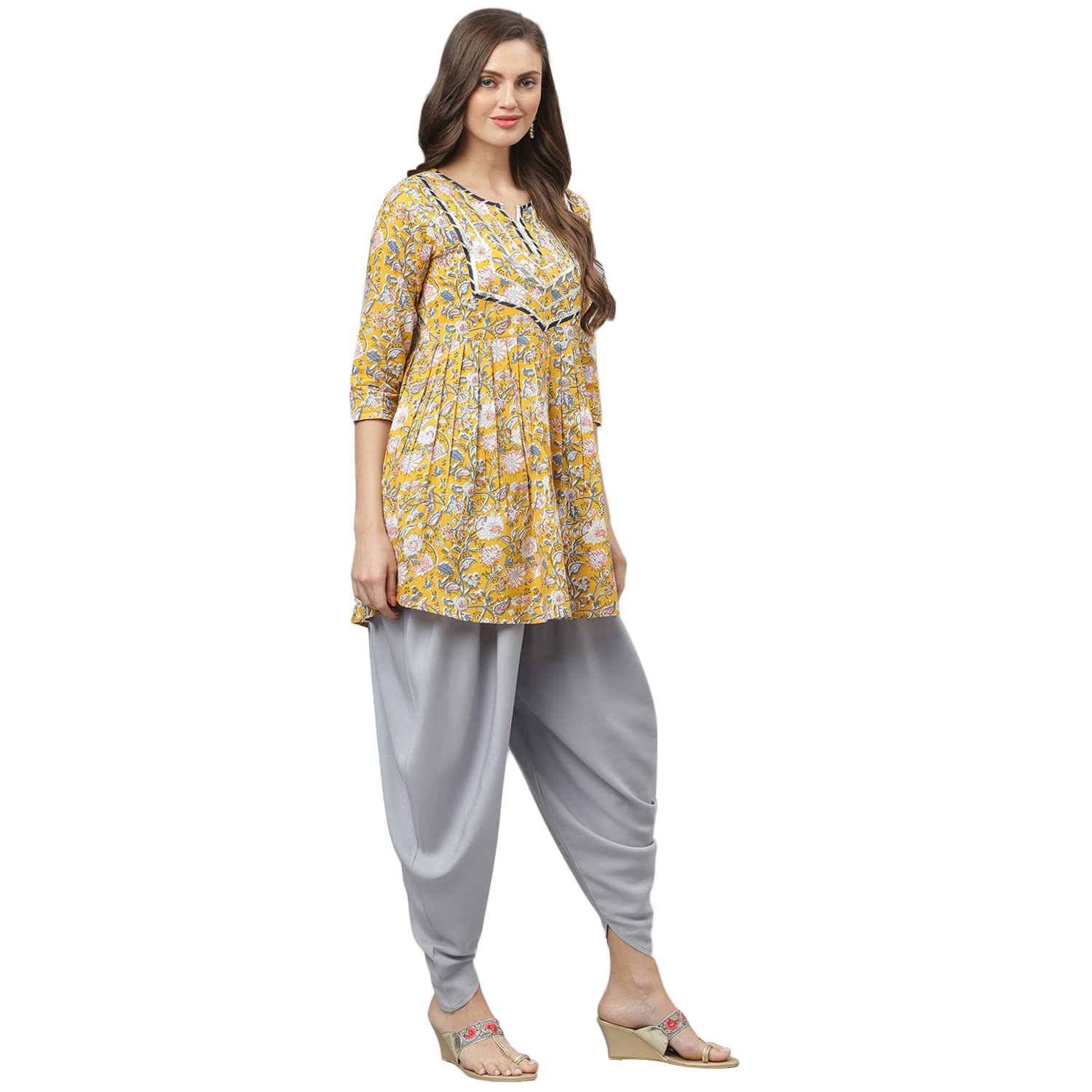 Stylum Women's Floral Printed Cotton Pleated Kurta Dhoti Pant Set (Kdmustimara44_Mustard, Xxl)