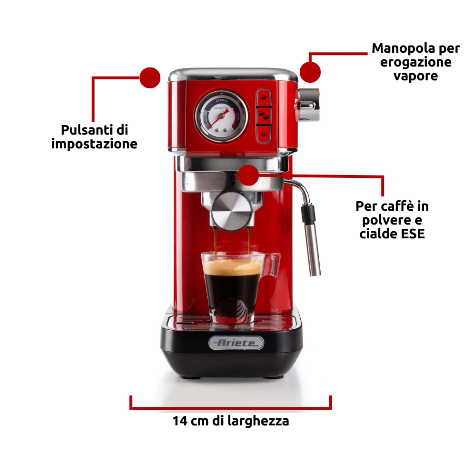 Ariete Espresso Slim Metal 1381, Macchina da Caffè con Manometro, Compatibile con Caffè in Polvere e Cialde ESE, 15 Bar Massime, Filtro 1 o 2 Tazze, Lancia per Cappuccino, 1300W, Rosso