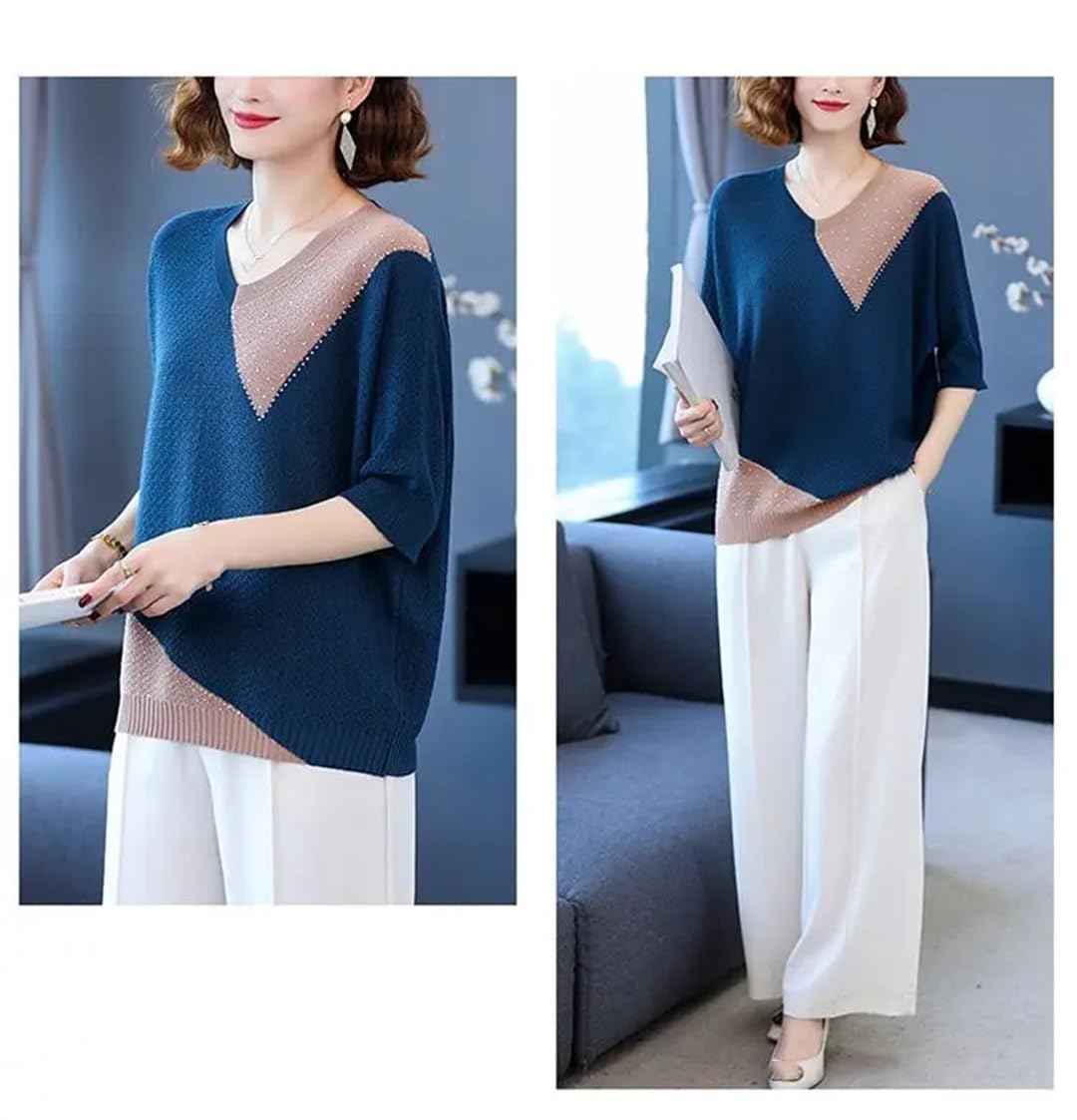 Wjnvfioo Moda Donna Maglia T-Shirt Primavera Estate Mezza Manica Scollo a V Sciolto Contrasto Colore Pullover Casual Top